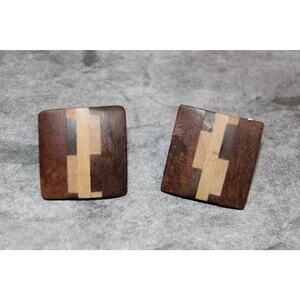 Attractive Vintage c1980 1" Square Wood Parquet Clip-On Earrings--Excellent!
